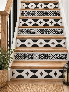 Amazing Wall Talavera Stair  Black White Tile Decals 15pc Set Peel Stickers